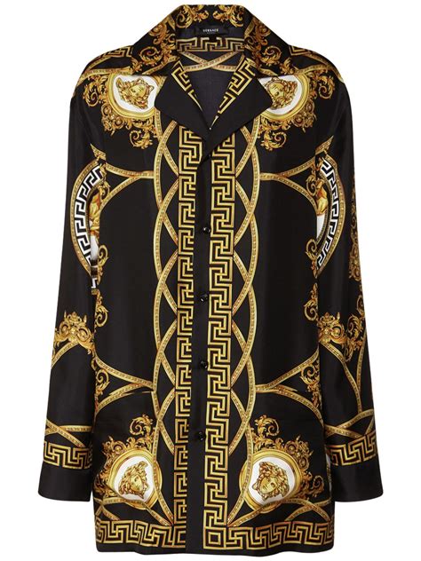 versace black and gold logo shirt|Versace silk shirt.